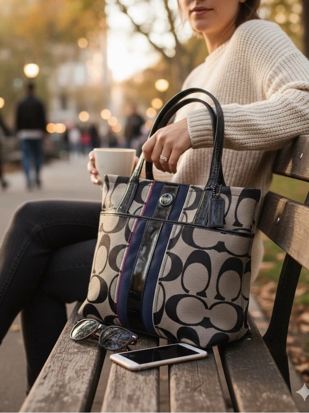 Coach Signature Tote in Black, Tan and Navy with Purple Stripe